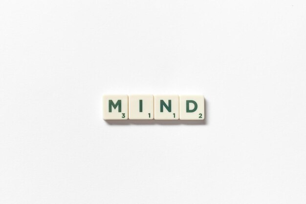 Mind formed of scrabble tiles on white background