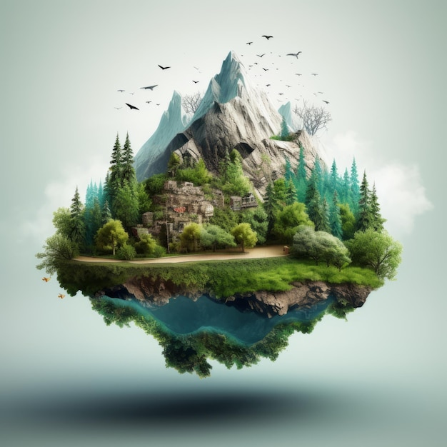 Увлекательная 3D-иллюстрация красивого острова с горами и деревьями