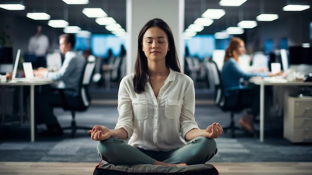 Mindful calm young woman taking break in office for meditation