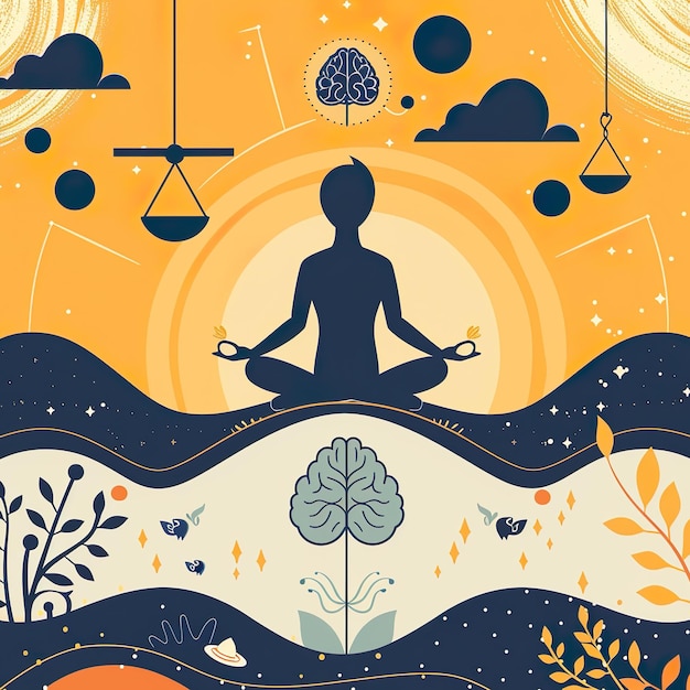 Photo mindfulness and balance concept illustration with meditating woman