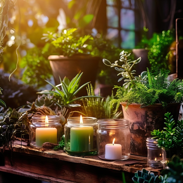 Mindfulness home interieur groene planten en kaarsen in mooi middaglicht natuurlijk gezellig c