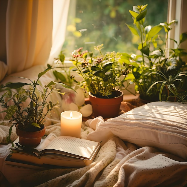 Mindfulness home interieur groene planten en kaarsen in mooi middaglicht natuurlijk gezellig c