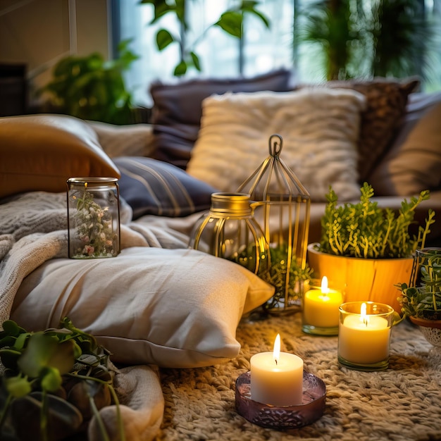 Mindfulness home interieur groene planten en kaarsen in mooi middaglicht natuurlijk gezellig c