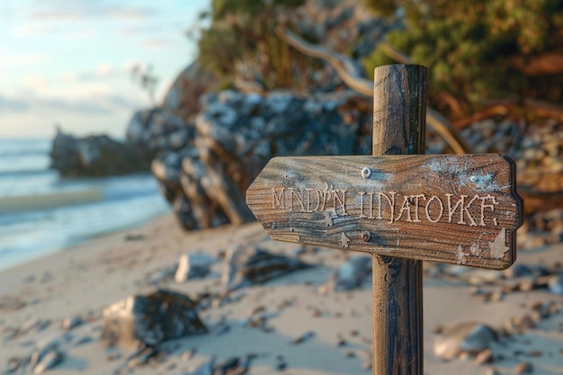 Mindfulness wooden sign with a beach on background