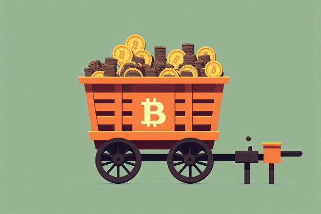 Mine cart full of bitcoins with background. AI digital illustration