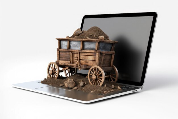 Mine cart on laptop screen white background Generative AI