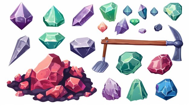 Mine icons for diamonds and gemstones Cartoon modern set of the UI asset for a precious stone miner pile of red green and purple crystals a shovel pickaxe and wooden handle