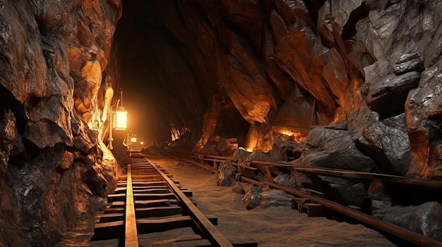 Mine tunnel inside view cave with railway rocks stone shaft with wooden