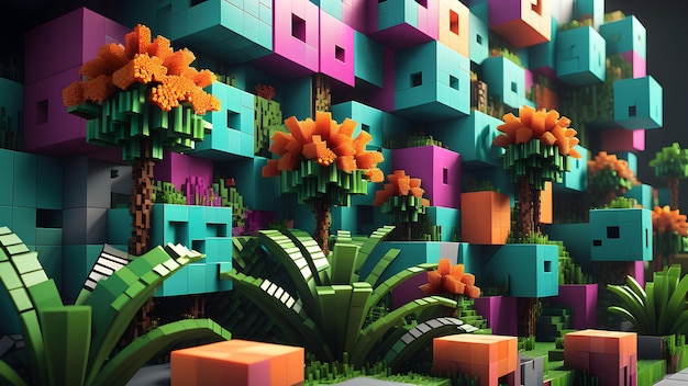Minecraft inspired artificial plant composed of digital cubes Minecraft world voxel earth surface