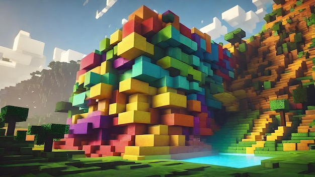 마인크래프트에서 영감을 받은 다채로운 배경 텍스처 세계 큐브 풍경 일러스트 배경 보