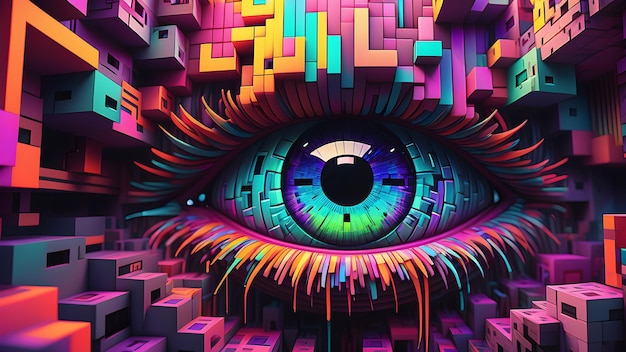 Photo minecraft inspired eye with psychedelic abstract design