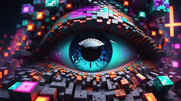 Photo minecraft inspired eye with psychedelic abstract design