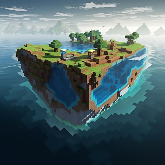 A minecraft island floating in the ocean with a lake in the middle.