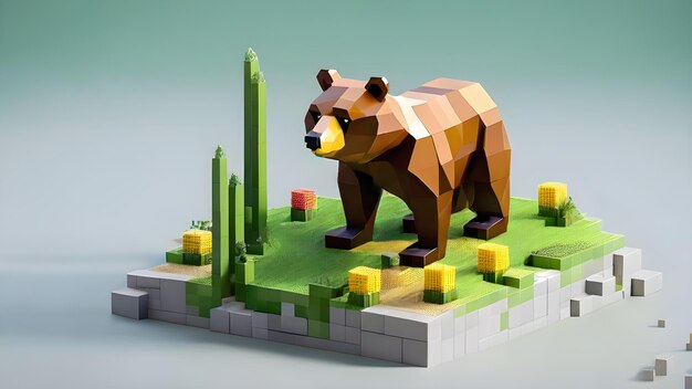 Minecraft realistic cute bear in wild made of 3d small cubes voxel illustration for videogames