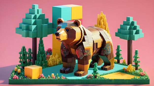 Minecraft realistic cute bear in wild made of 3d small cubes voxel illustration for videogames