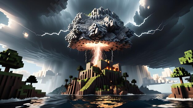 Minecraft style island 3d designed with an eruptive thunderstorm above Generative AI
