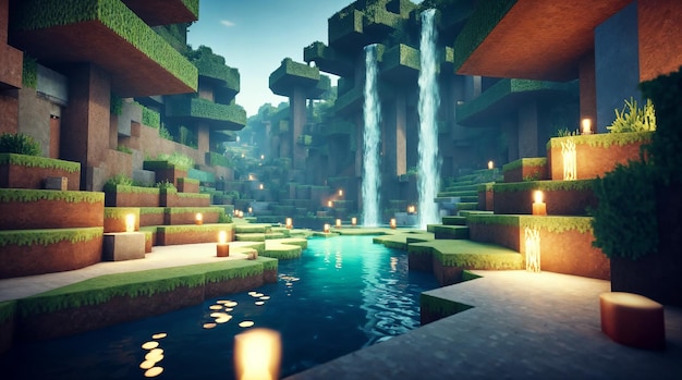 マインクラフト・ウォーターフォール・パラダイス: ピクセル化された風景