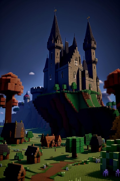 A Minecraftstyle fantasy 3D environment with a castle in the middle Aigenerated