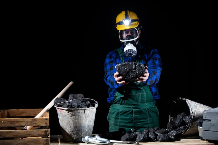 Photo a miner in a helmet with a glowing flashlight and a dust mask on holds a large lump of coal in his hands