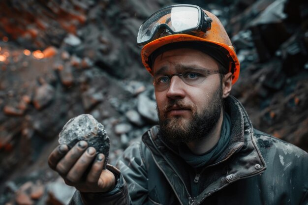 Фото Шахтер рабочий держит угольную пальму концепция добычи