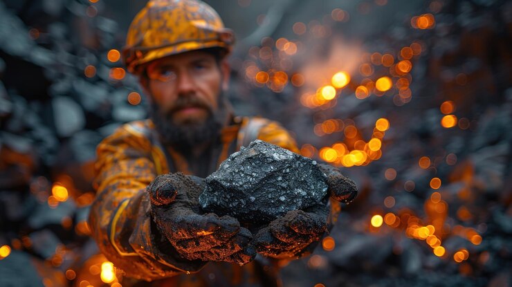 Photo miner at surface holding coal or ore with mining structures and equipment in background under bright sky