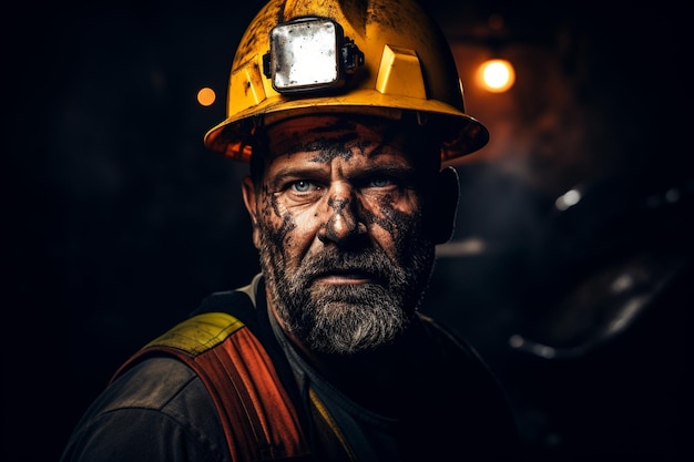 写真 暗く危険な環境で地下作業をする際にヘルメットとヘッドランプを着用する鉱山労働者