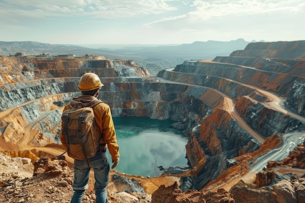 A miner wearing protective gear surveying an open pit Ai generative