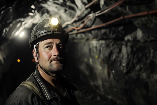 Photo miner with hard hat and headlamp in a dark coal mine tunnel