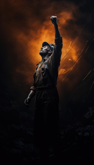 暗い夜の背景に手を上げる鉱山労働者の男