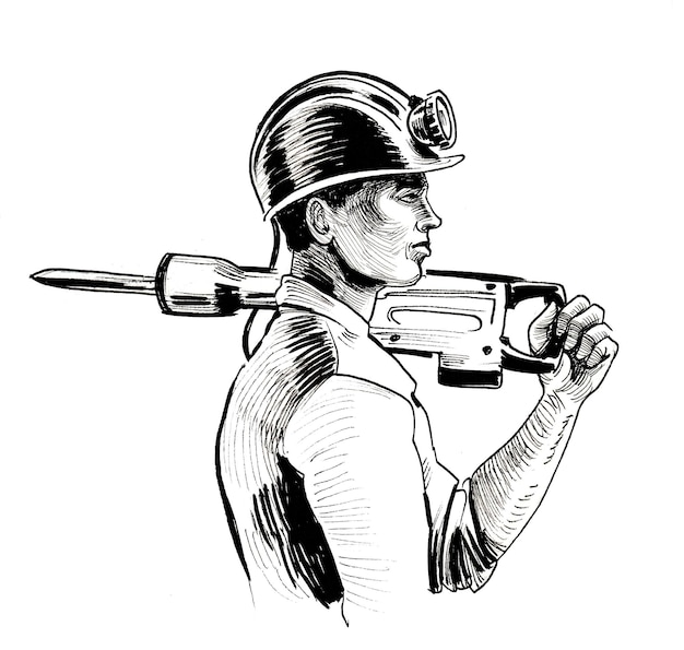 Miner worker with a pneumatic hammer. Ink black and white drawing