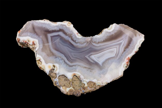 Mineral gray agate in closeup section isolated on a black background with clipping path