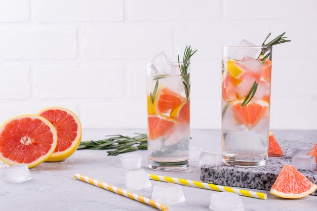 Mineral infused water with grapefruit ice, and rosemary, homemade detox soda water recipe.