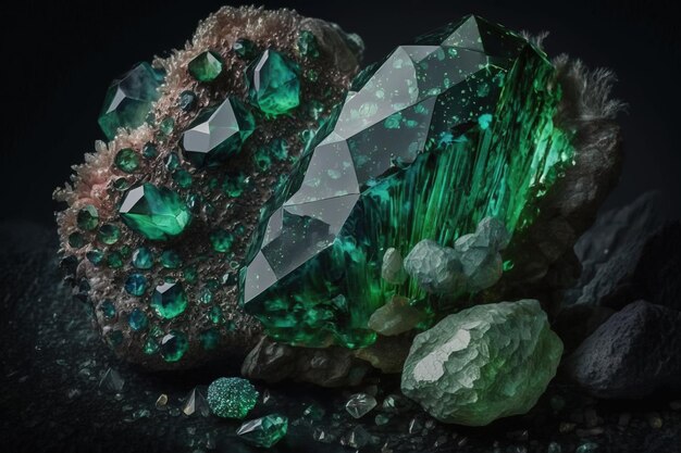 Mineral stone with green crystals Gems crystals of minerals in their natural habitat