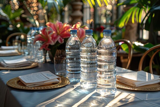 Foto bottiglie di acqua minerale sul tavolo fotografia alimentare pubblicitaria professionale