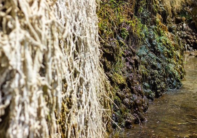 Foto acqua minerale che scorre dalle rocce