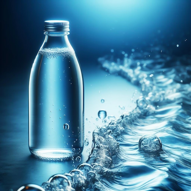 Photo mineral water in transparent bottle on blue background world water day generated ai