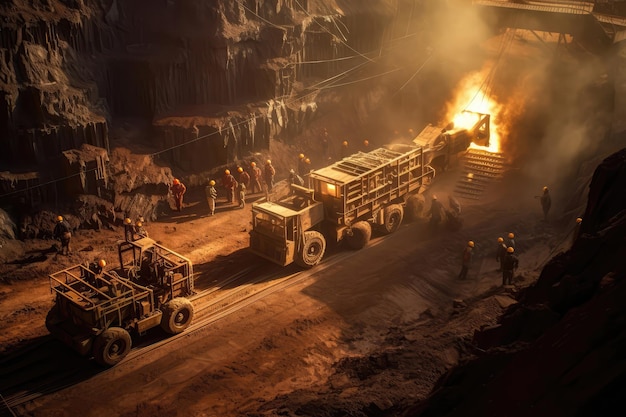 Photo miners operating heavy machinery in an openpit iron mine generative ai