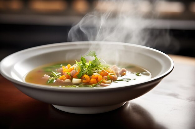 Minestrone in deep plate steam ascending