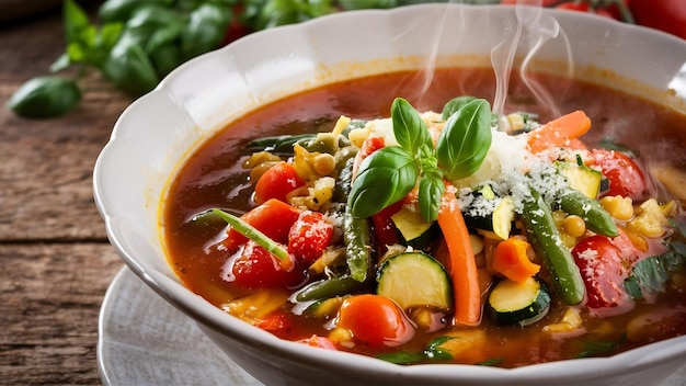 Minestrone soep op de tafel.