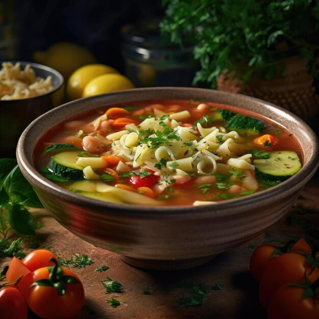 Minestrone soup with pasta zucchini tomato and parsley