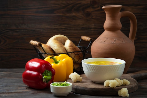 Minestrone Soup on wooden background