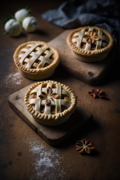 Mini apple pies with lattice pastry topping on a wooden Illustrator AI Generative