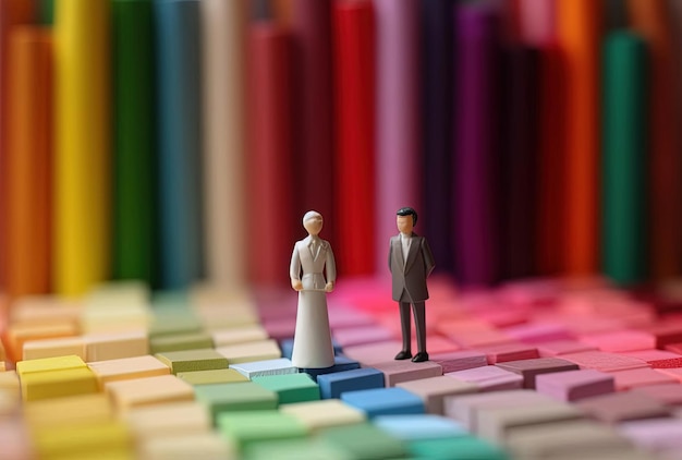 mini bride and groom stand next to various colored papers in the style of rainbowcore