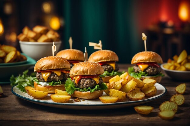 mini burgers and fried potatoes on the plate