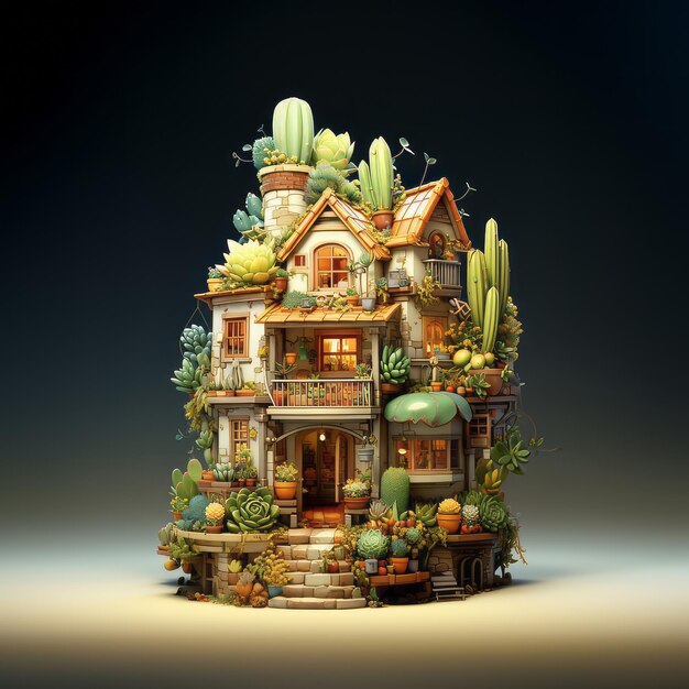 Photo mini cactus house with cartoon style