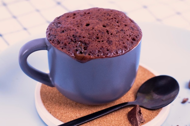 mini cake Breakfast in a mug mugcake is microwaved Homemade cupcake in a mug on a plate brownie