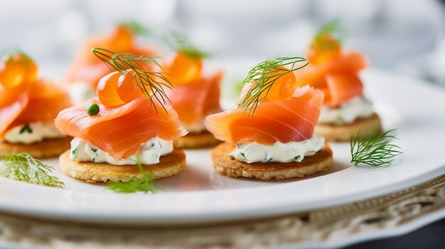 Mini canapes with smoked salmon on table