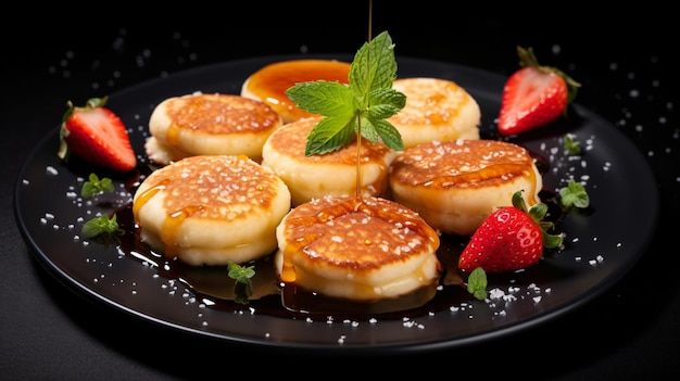 Mini cheese pancakes with honey and strawberries