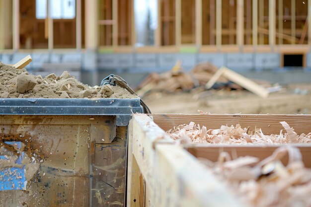 Photo mini dumpster on a new home construction site with sawdust and scrap