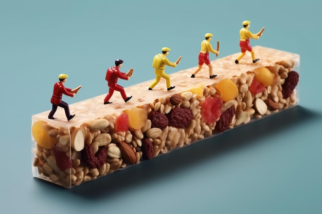 the mini figure walking on the on protein bar